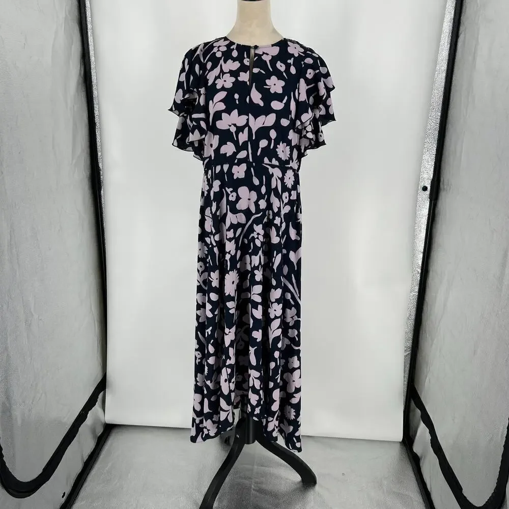 Kate Spade New Splash Ruffle Sleeve Midi Dress Navy & Cream Smocked Size 2